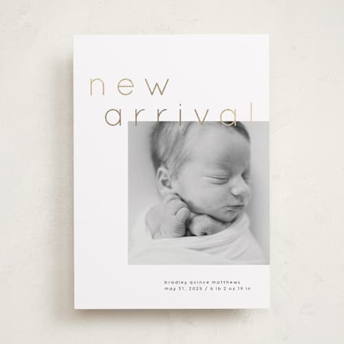 This is a cloud foil stamped birth announcements with foil pressed by Lori Wemple called arrival printing on smooth signature in standard