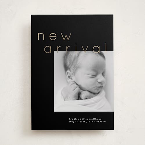 This is a noir foil stamped birth announcements with foil pressed by Lori Wemple called arrival printing on smooth signature in standard