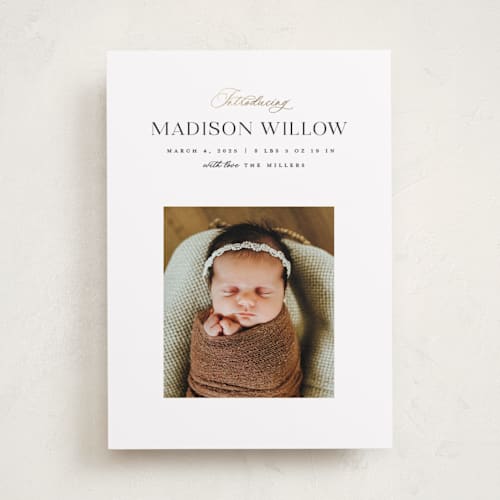 This is a sugar foil stamped birth announcements with foil pressed by Pixel and Hank called now introducing printing on smooth signature in standard