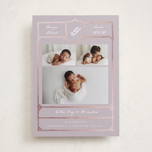 This is a mauve foil stamped birth announcements with foil pressed by Corinne Malesic called antique printing on smooth signature in standard