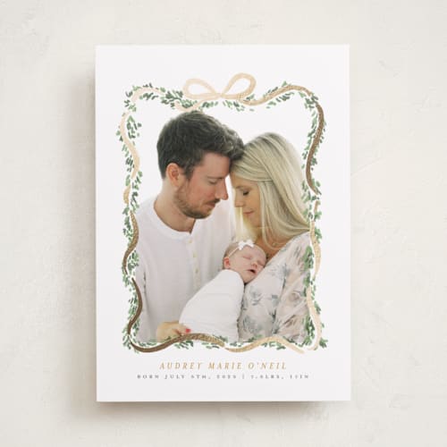 This is a blush foil stamped birth announcements with foil pressed by Itsy Belle Studio called ribbonly frame printing on smooth signature in standard