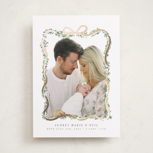 This is a coal foil stamped birth announcements with foil pressed by Itsy Belle Studio called ribbonly frame printing on smooth signature in standard