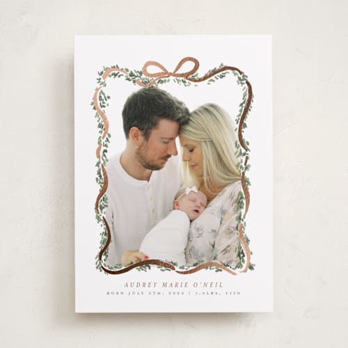 This is a brick foil stamped birth announcements with foil pressed by Itsy Belle Studio called ribbonly frame printing on recycled smooth signature in standard