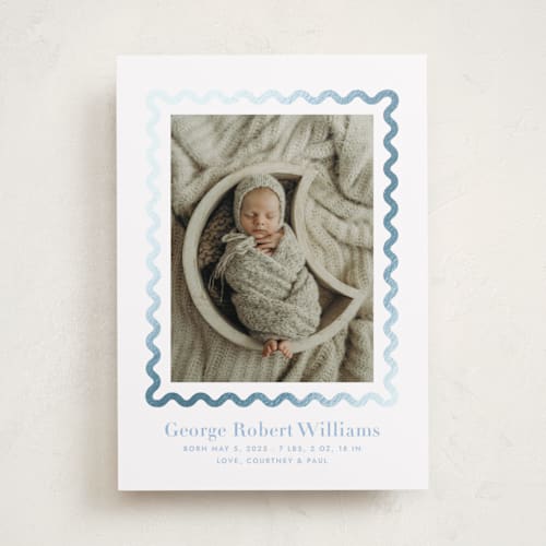 This is a bluebell foil stamped birth announcements with foil pressed by Megan Davis called ric rac printing on smooth signature in standard