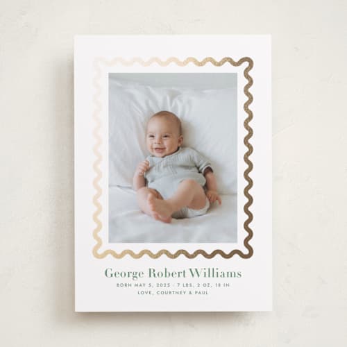 This is a clover foil stamped birth announcements with foil pressed by Megan Davis called ric rac printing on recycled smooth signature in standard