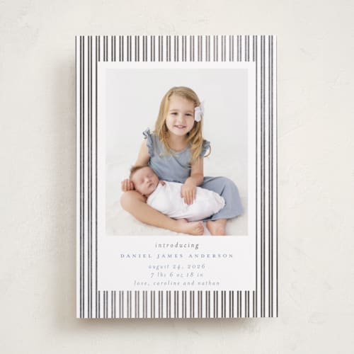 This is a sky foil stamped birth announcements with foil pressed by Jennifer Holbrook called pinstripe frame printing on smooth signature in standard