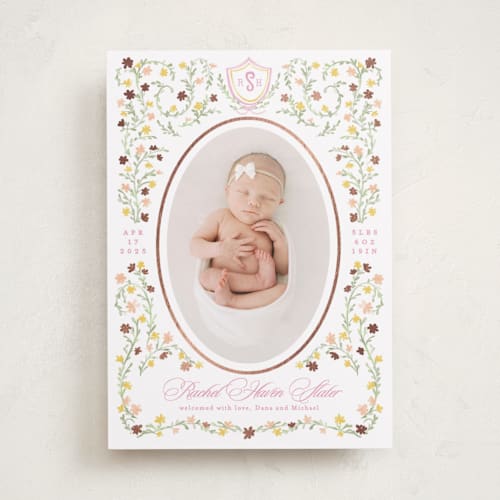 This is a cotton candy foil stamped birth announcements with foil pressed by Creo Study called cottagecore printing on smooth signature in standard