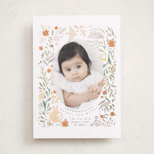This is a peach foil stamped birth announcements with foil pressed by Hannah Williams called garden fox printing on smooth signature in standard