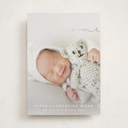 This is a cloud foil stamped birth announcements with foil pressed by Olivia Raufman called delicate welcome printing on smooth signature in standard
