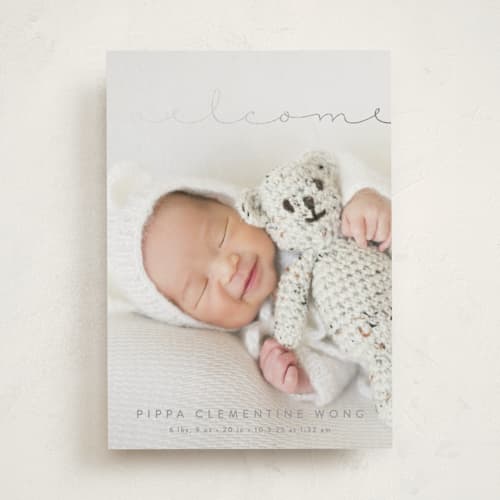 This is a granite foil stamped birth announcements with foil pressed by Olivia Raufman called delicate welcome printing on smooth signature in standard