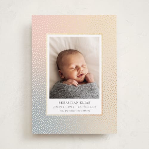 This is a sunrise foil stamped birth announcements with foil pressed by Townsend Majors called mini confetti printing on smooth signature in standard