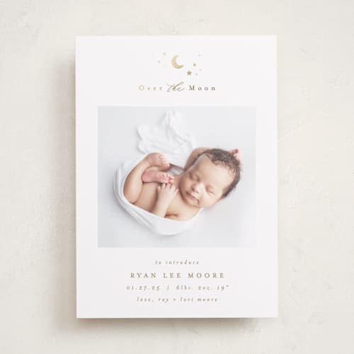 This is a fawn foil stamped birth announcements with foil pressed by AK Graphics called over the moon printing on smooth signature in standard