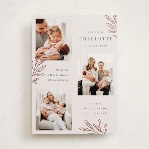 This is a rose foil stamped birth announcements with foil pressed by Oma N. Ramkhelawan called modern botanica printing on smooth signature in standard