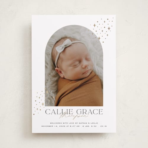 This is a cloud foil stamped birth announcements with foil pressed by Molly Wiggins called starlit sky printing on smooth signature in standard