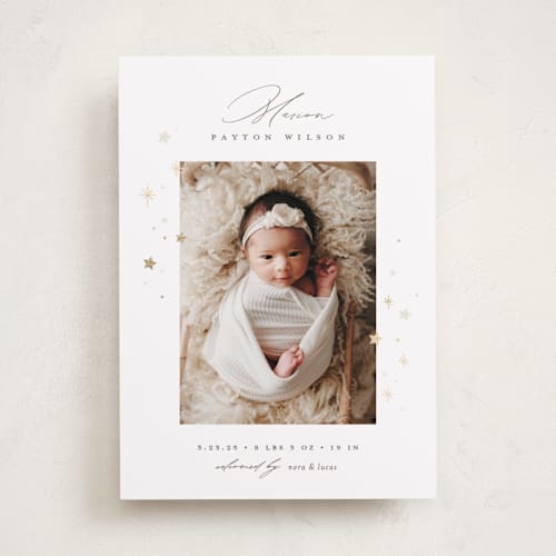 This is a twinkle foil stamped birth announcements with foil pressed by Pixel and Hank called starlight printing on smooth signature in standard