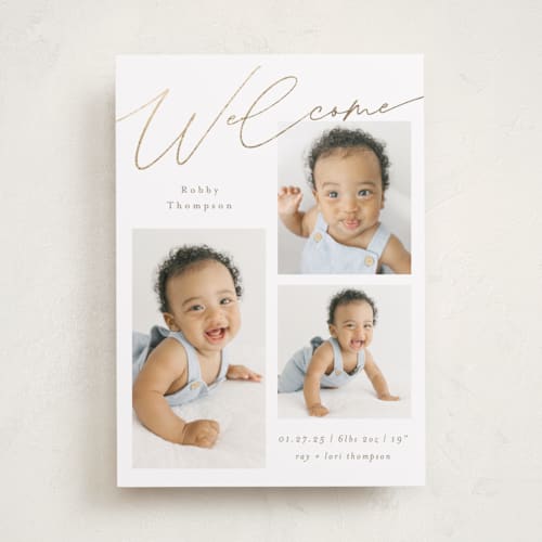 This is a snow foil stamped birth announcements with foil pressed by AK Graphics called galleryish printing on smooth signature in standard