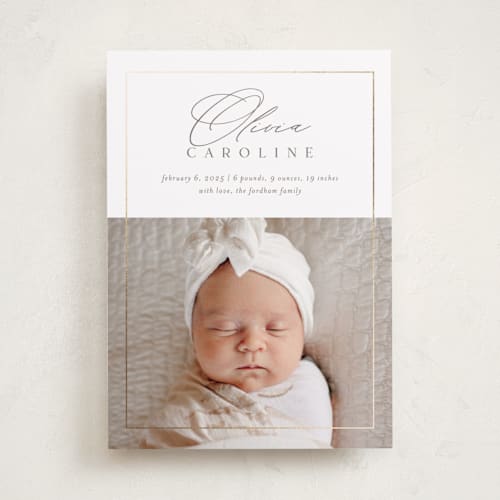 This is a sugar foil stamped birth announcements with foil pressed by Jessica Williams called glimmer printing on smooth signature in standard