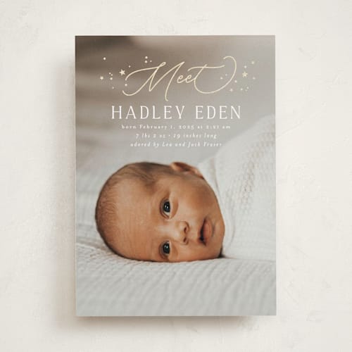 This is a sugar foil stamped birth announcements with foil pressed by Everett Paper Goods called lunaria printing on smooth signature in standard
