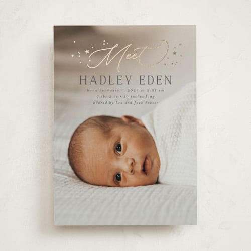 This is a midnight foil stamped birth announcements with foil pressed by Everett Paper Goods called lunaria printing on smooth signature in standard