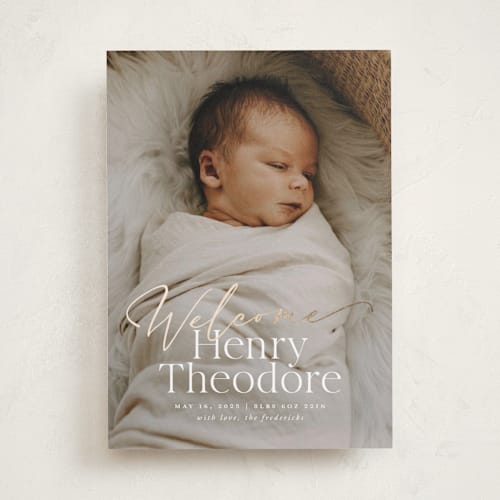 This is a cloud foil stamped birth announcements with foil pressed by Jackie Crawford called scripted welcome printing on recycled smooth signature in standard