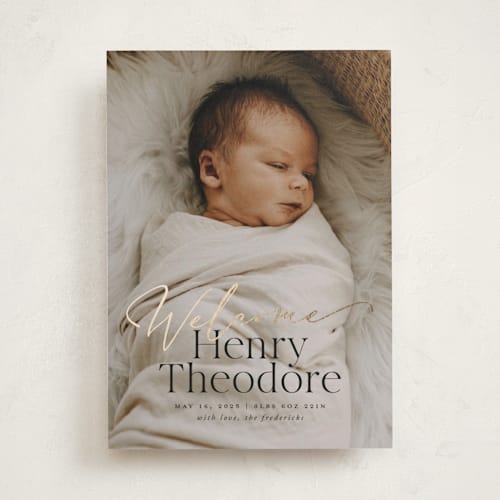 This is a midnight foil stamped birth announcements with foil pressed by Jackie Crawford called scripted welcome printing on smooth signature in standard