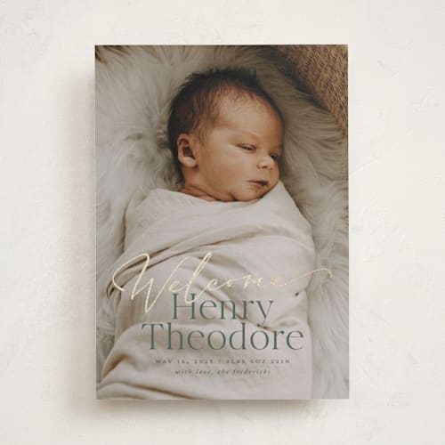 This is a forest foil stamped birth announcements with foil pressed by Jackie Crawford called scripted welcome printing on recycled smooth signature in standard