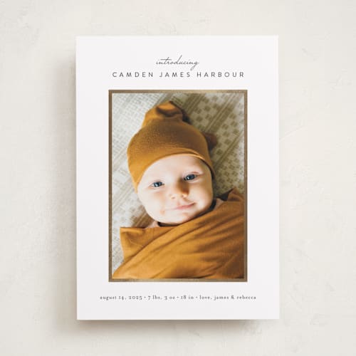 This is a sugar foil stamped birth announcements with foil pressed by Jessica Williams called shining frame printing on smooth signature in standard