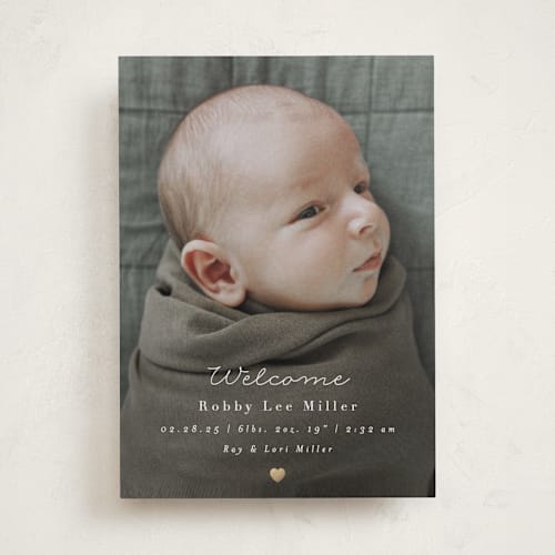 This is a snow foil stamped birth announcements with foil pressed by AK Graphics called tiny heart printing on recycled smooth signature in standard