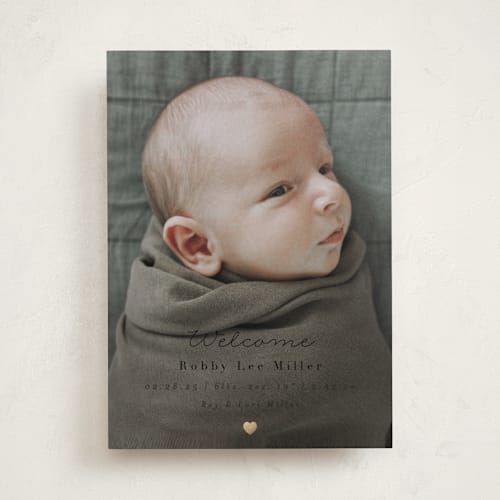 This is a noir foil stamped birth announcements with foil pressed by AK Graphics called tiny heart printing on recycled smooth signature in standard