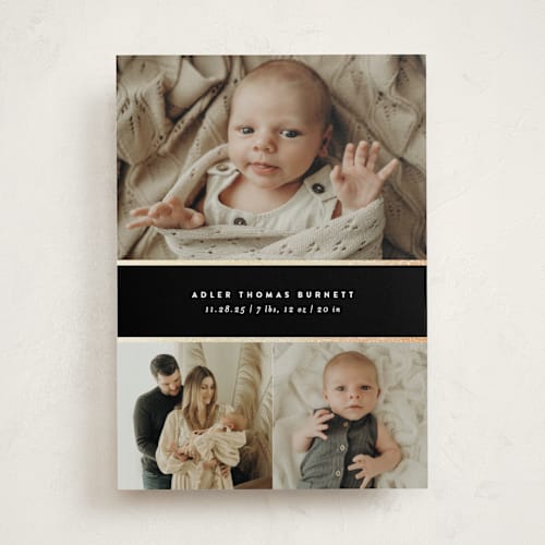 This is a pepper foil stamped birth announcements with foil pressed by Ekko Studio called trio printing on smooth signature in standard