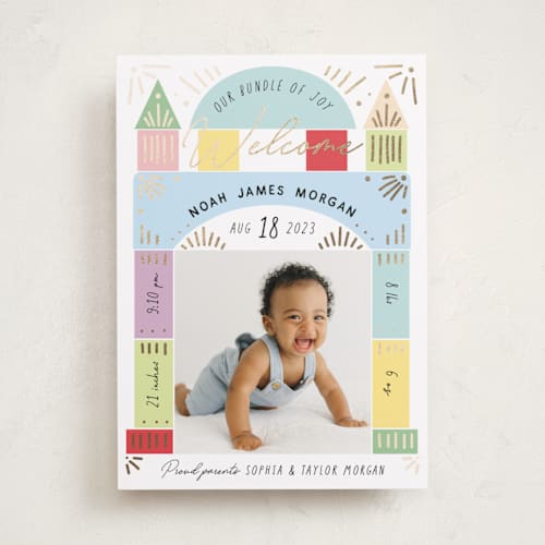 This is a pastel foil stamped birth announcements with foil pressed by Elly called toy blocks printing on smooth signature in standard