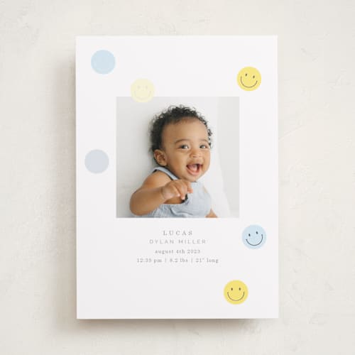 This is a dandelion foil stamped birth announcements with foil pressed by Baumbirdy called smiley face printing on smooth signature in standard