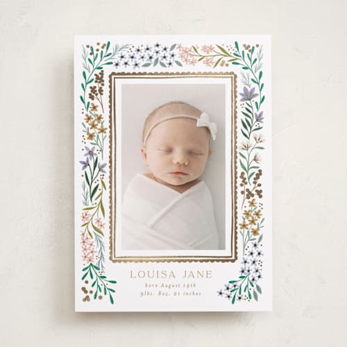 This is a lavender foil stamped birth announcements with foil pressed by Alethea and Ruth called wildflower frame printing on recycled smooth signature in standard