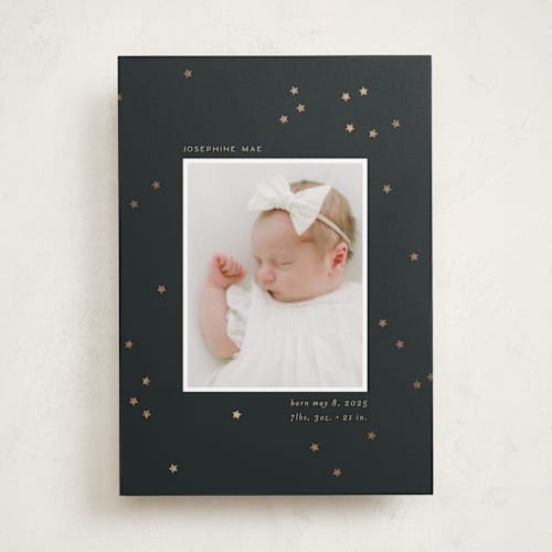 This is a midnight foil stamped birth announcements with foil pressed by Ellen Schlegelmilch called twinkly stars printing on recycled smooth signature in standard