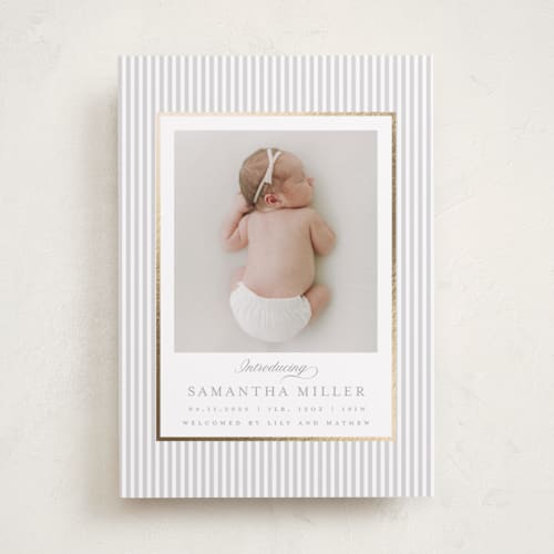 This is a cloud foil stamped birth announcements with foil pressed by Teju Reval called minimal stripes printing on smooth signature in standard