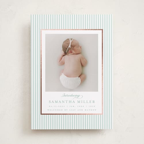 This is a seafoam foil stamped birth announcements with foil pressed by Teju Reval called minimal stripes printing on recycled smooth signature in standard