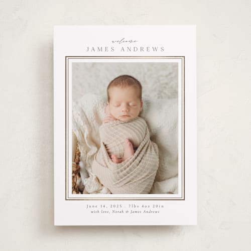 This is a cloud foil stamped birth announcements with foil pressed by Nicole Walsh called classic border printing on smooth signature in standard