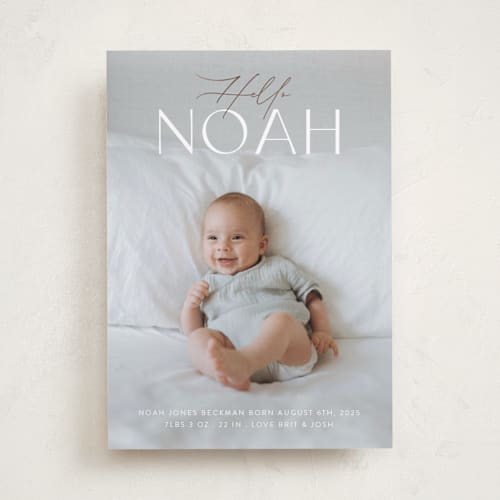 This is a winter foil stamped birth announcements with foil pressed by Itsy Belle Studio called arlo printing on recycled smooth signature in standard