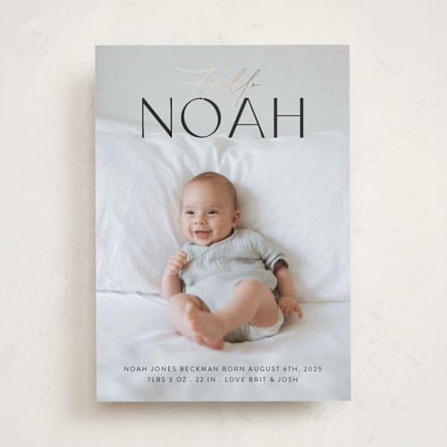 This is a obsidian foil stamped birth announcements with foil pressed by Itsy Belle Studio called arlo printing on smooth signature in standard
