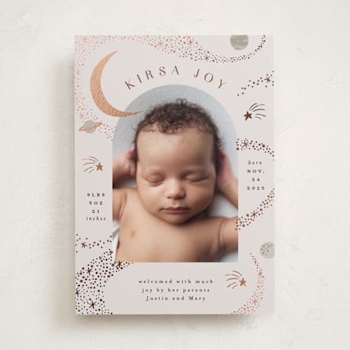 This is a mocha foil stamped birth announcements with foil pressed by Alethea and Ruth called galaxy printing on smooth signature in standard