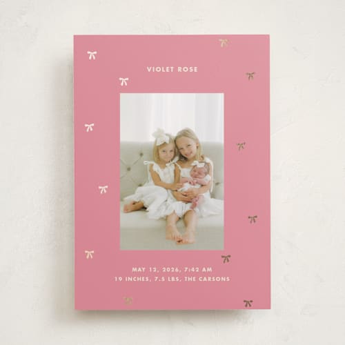 This is a bubblegum foil stamped birth announcements with foil pressed by Baumbirdy called embellished bows printing on smooth signature in standard
