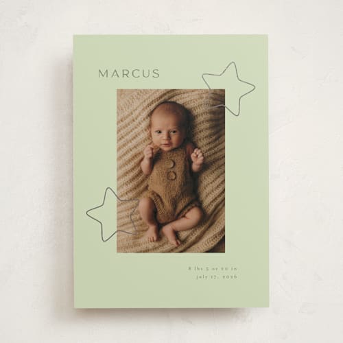 This is a mint foil stamped birth announcements with foil pressed by Iveta Angelova called cute stars printing on recycled smooth signature in standard