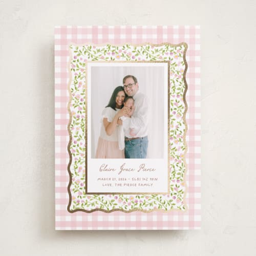 This is a peony foil stamped birth announcements with foil pressed by Creo Study called patio printing on recycled smooth signature in standard