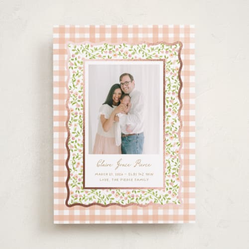 This is a peach foil stamped birth announcements with foil pressed by Creo Study called patio printing on recycled smooth signature in standard