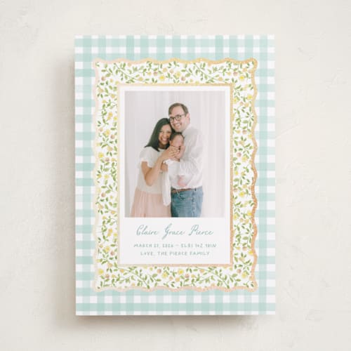 This is a amalfi foil stamped birth announcements with foil pressed by Creo Study called patio printing on recycled smooth signature in standard