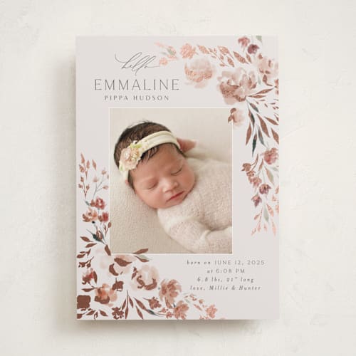 This is a rose foil stamped birth announcements with foil pressed by Nicoletta Savod called grace printing on smooth signature in standard