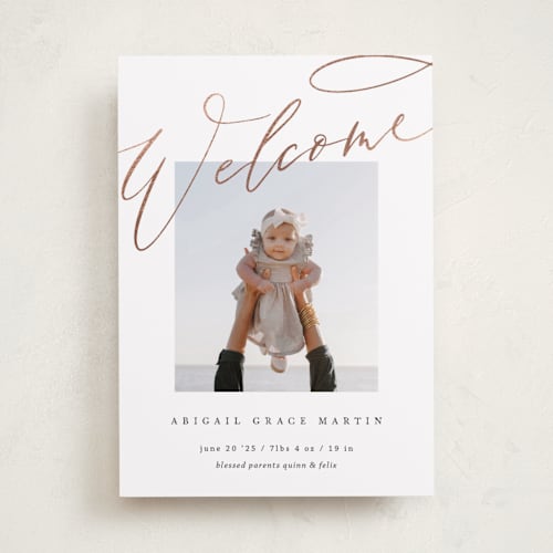 This is a latte foil stamped birth announcements with foil pressed by Nicole Whiddon called afloat printing on smooth signature in standard
