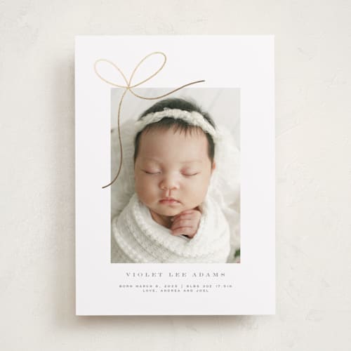 This is a sugar foil stamped birth announcements with foil pressed by Yuliya Evseeva called little bow printing on recycled smooth signature in standard