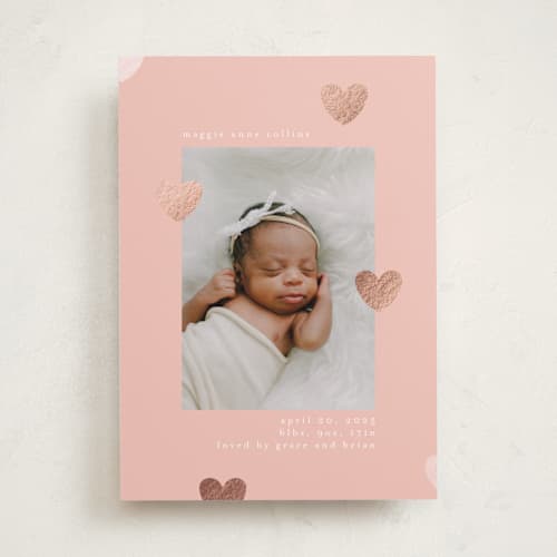 This is a cupcake foil stamped birth announcements with foil pressed by Iveta Angelova called cute hearts printing on smooth signature in standard