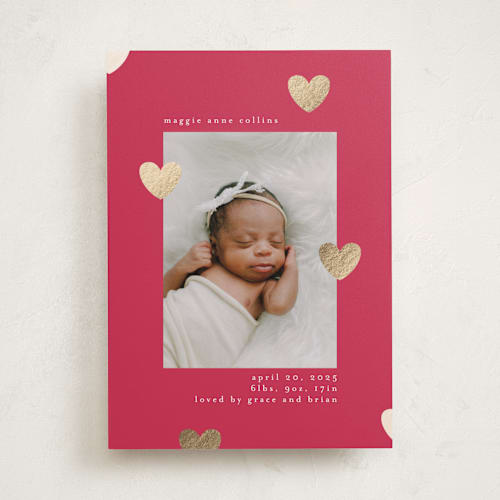 This is a raspberry foil stamped birth announcements with foil pressed by Iveta Angelova called cute hearts printing on recycled smooth signature in standard